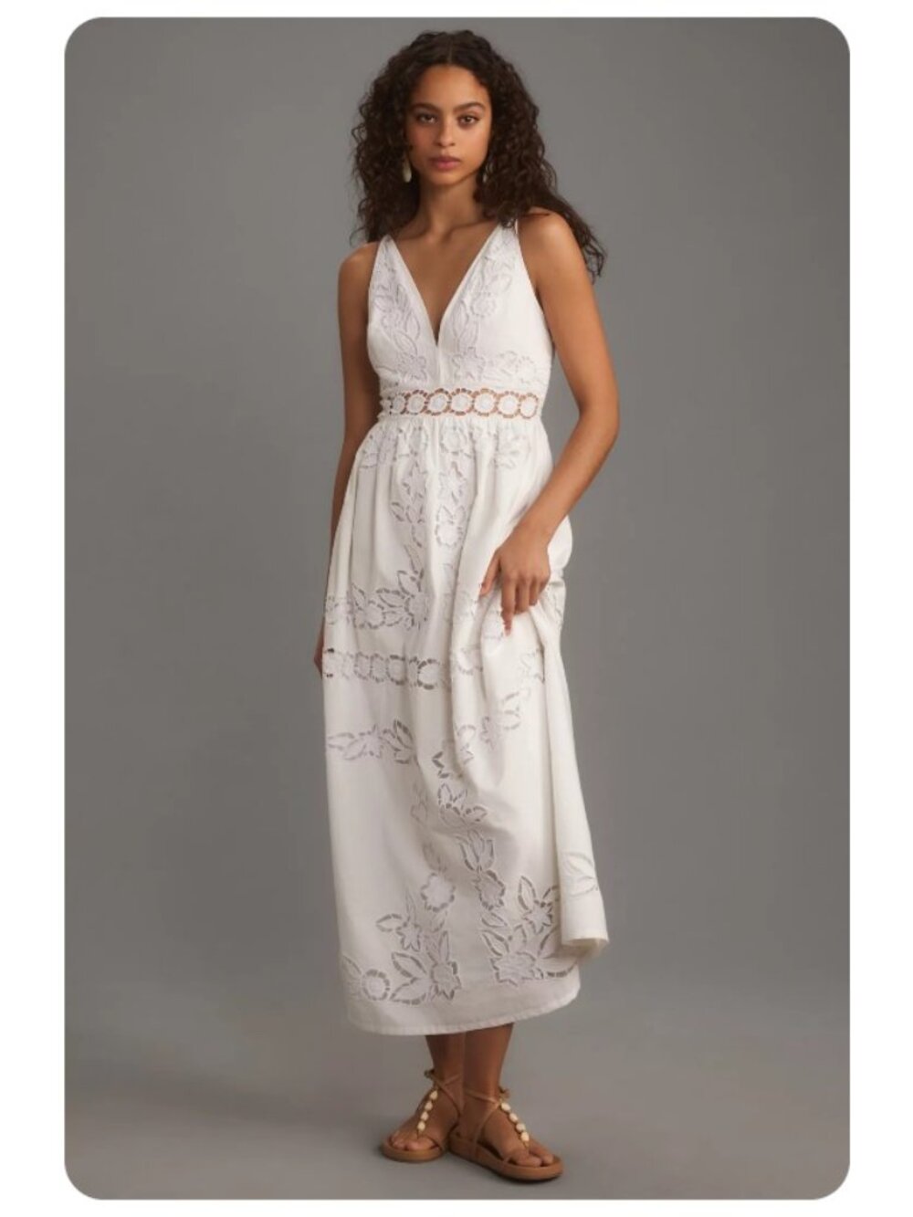 Anthropologie Vineet Bahl White Sleeveless V-Neck Floral Cutwork Midi Dress sz S
